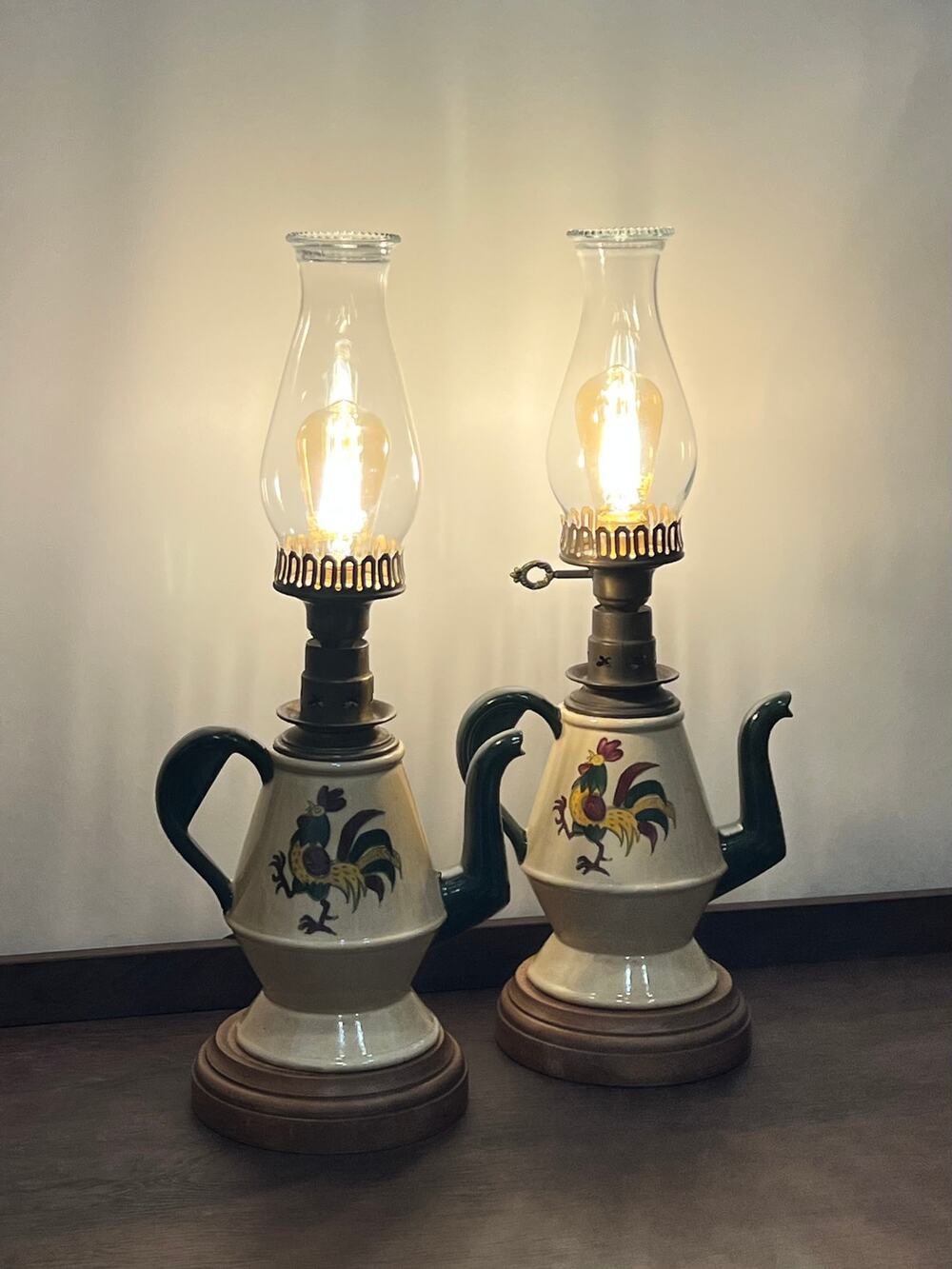 Pair of hand painted Metlox Poppytrail Ceramic Rooster Electric Oil Lamps